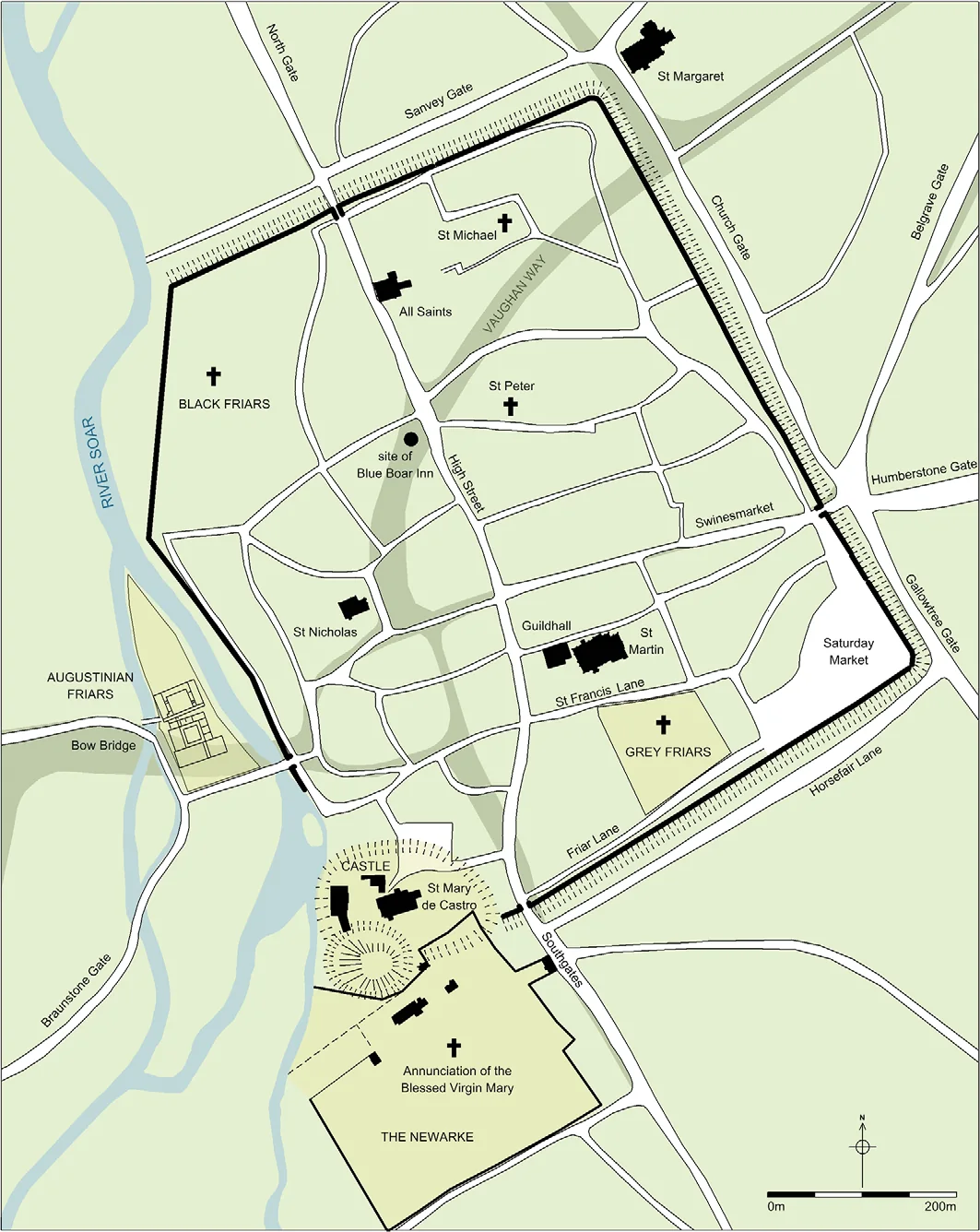 中世レスターの市街とグレイ・フライアーズの位置を示す研究地図