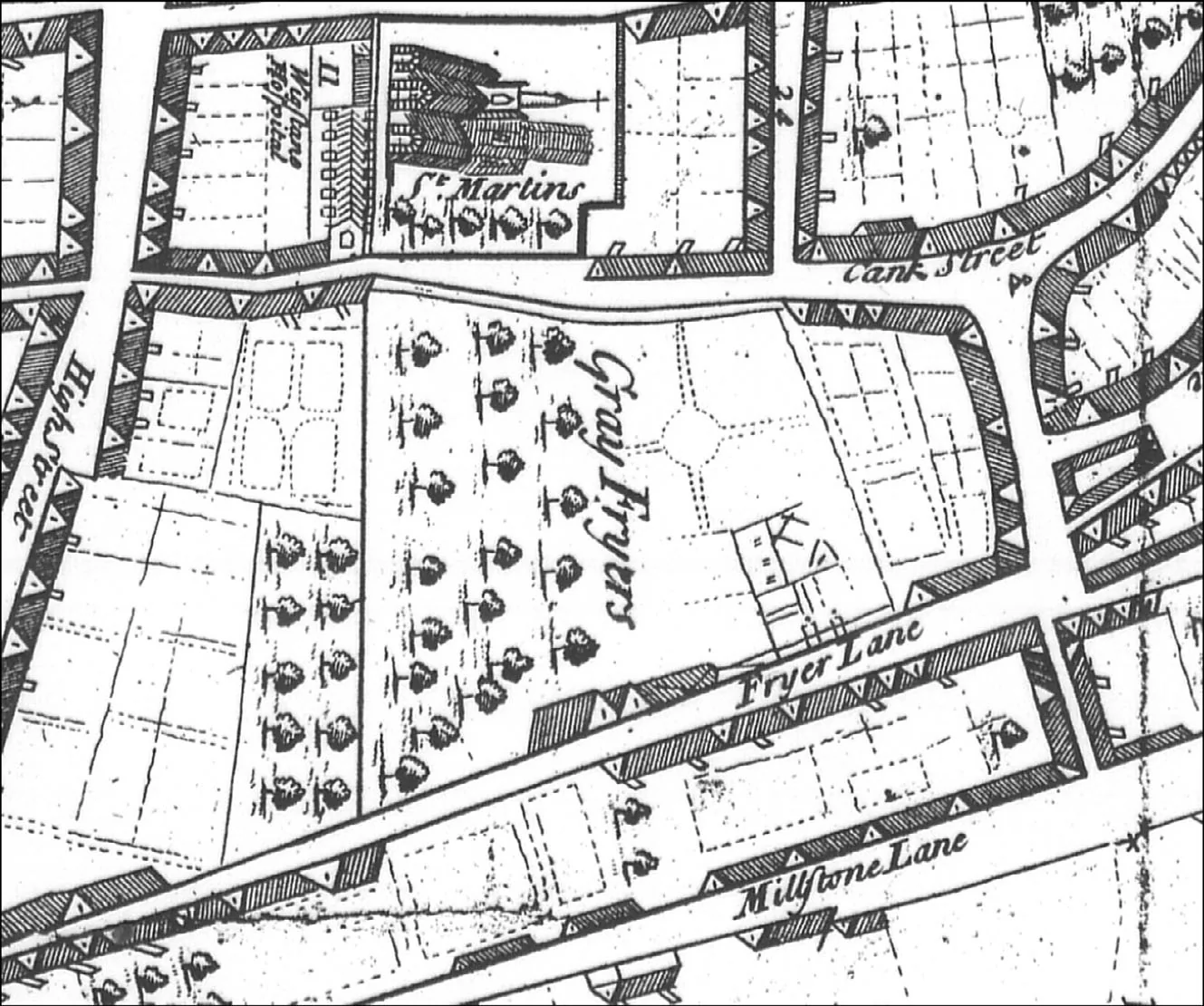 1741年のレスター地図に残る旧グレイ・フライアーズ区画