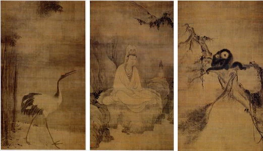 南宋の画僧牧谿による観音猿鶴図三幅対