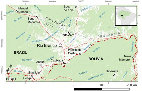 2024年研究が対象としたアマゾン南西部の範囲と道路・森林伐採域を示す地図