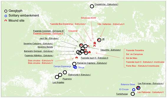 年代測定された33基の土塁の位置と種類を示す地図