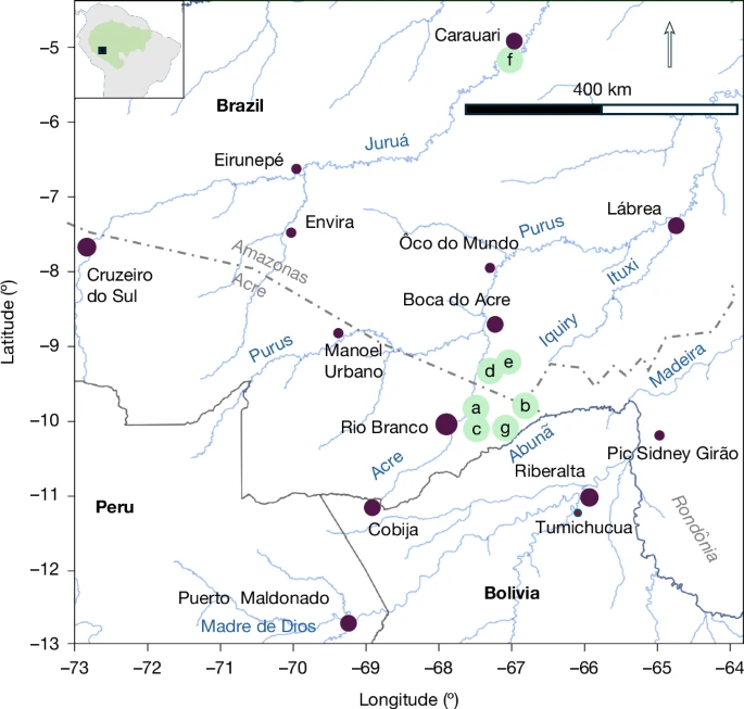 Nature論文が示すアマゾン南西部の飛行調査線と調査地点の地図