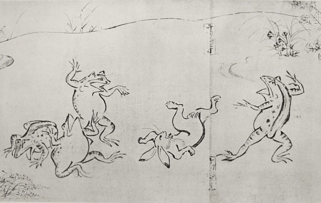 鳥獣人物戯画 甲巻より、兎と蛙の相撲