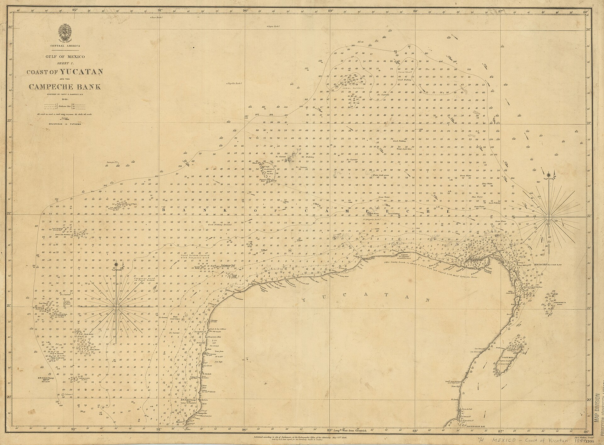 1848年刊の英国海軍水路部の海図1205号。ユカタン沿岸とカンペチェ堆の水深