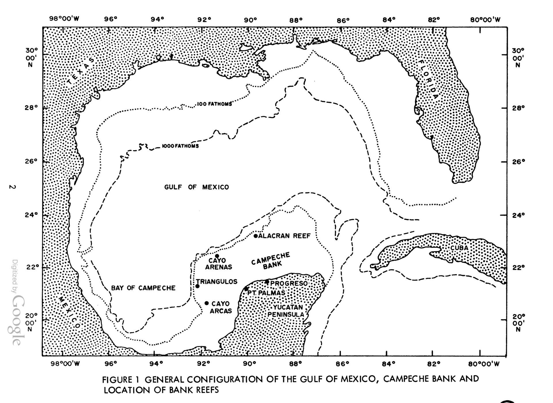 メキシコ湾とカンペチェ堆、アレナス島やアラクラネス礁の位置を示した1965年の図