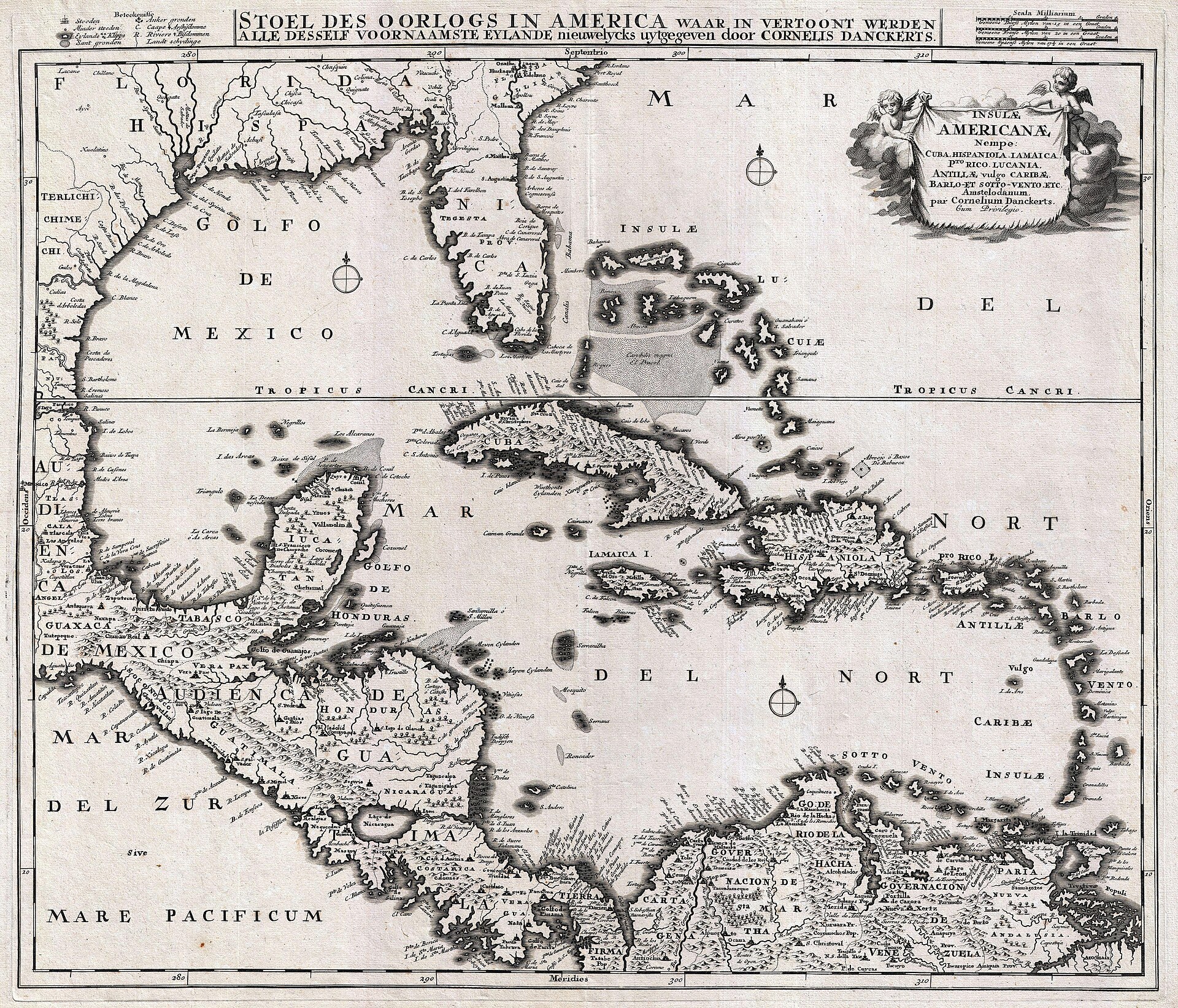 1696年ごろのダンケルツによる西インド諸島の地図。ユカタン北西に「La Bermeja」