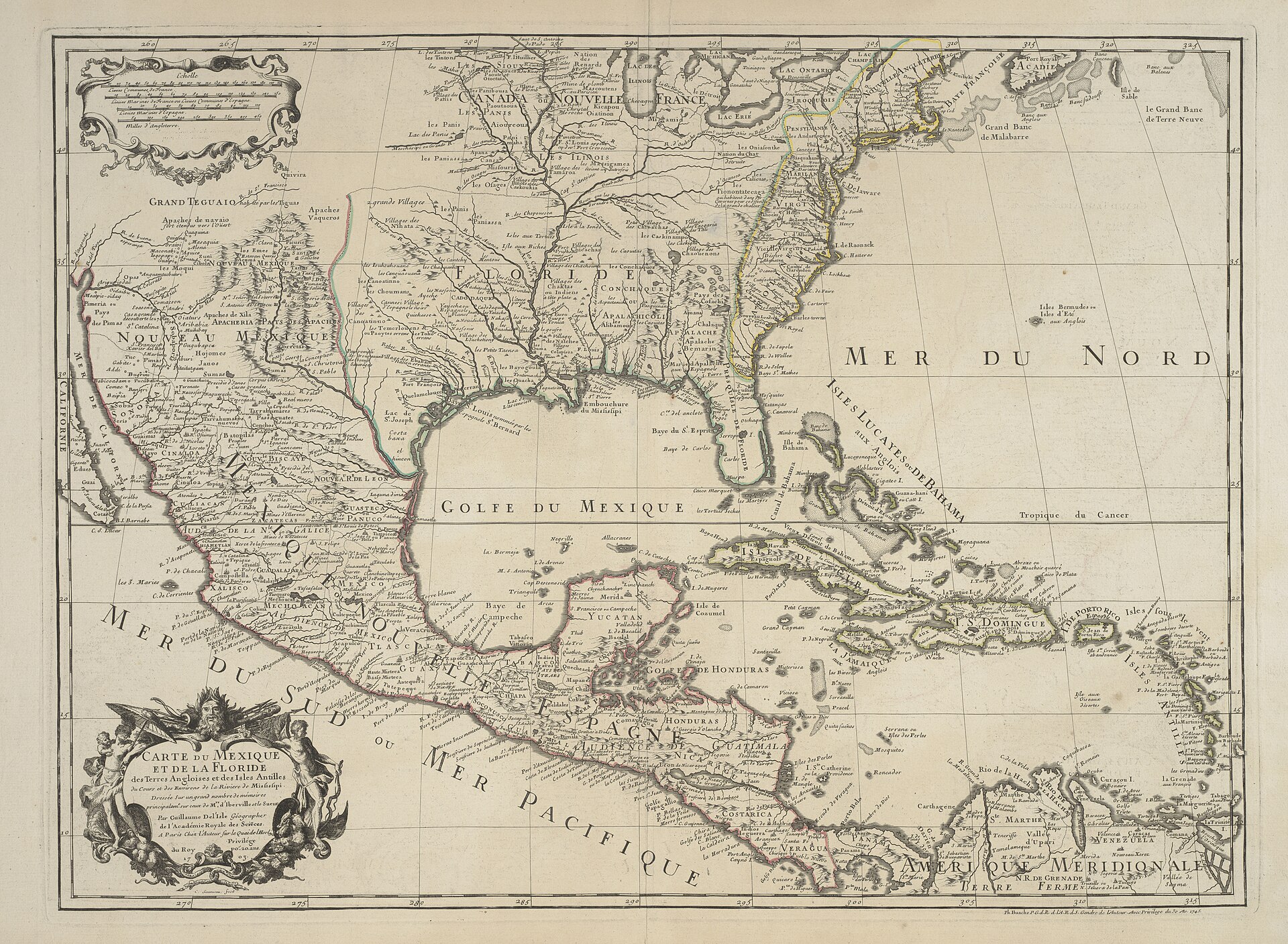 ドリールの1703年のメキシコとフロリダの地図（1745年の再版）。ユカタン沖に「la Bermeja」