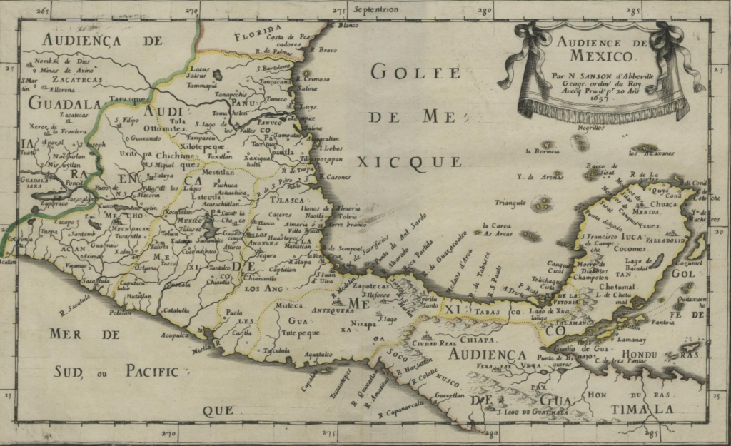 1657年のサンソンの地図「Audience de Mexico」。ユカタン北西に「la Bermeja」