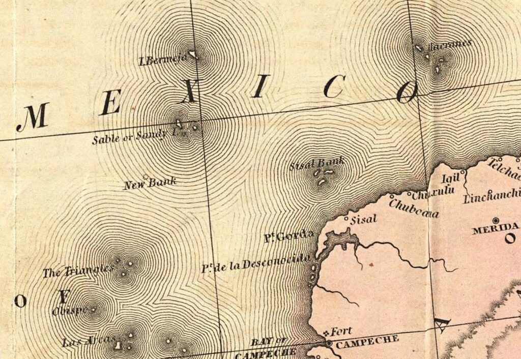 1846年のタナーのメキシコ地図の一部。ユカタン沖に「I. Bermeja」の文字がある