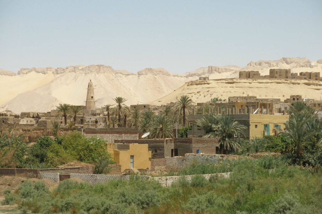 ダクラ・オアシスの村。ナツメヤシと緑の畑の向こうに、砂と崖が迫る