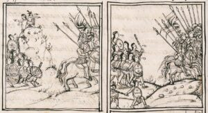 槍を持つスペイン騎兵と、盾を構えて追うメシカの戦士を描いた線画