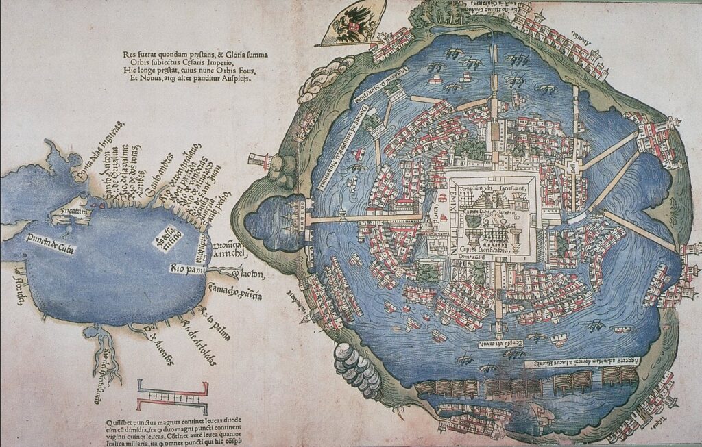 1524年刊のテノチティトランの地図。湖の島の都から岸へ堤道が延びる
