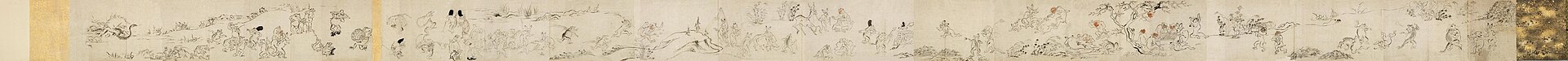 ホノルル美術館が所蔵する『鳥獣戯画』の別本。横に長い一巻を一枚におさめた画像