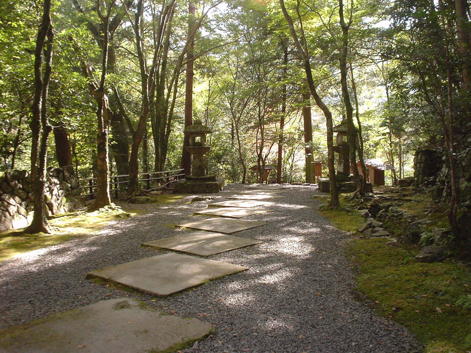 高山寺の参道。四角い敷石が並び、明るい木立のなかを道が奥へ続く