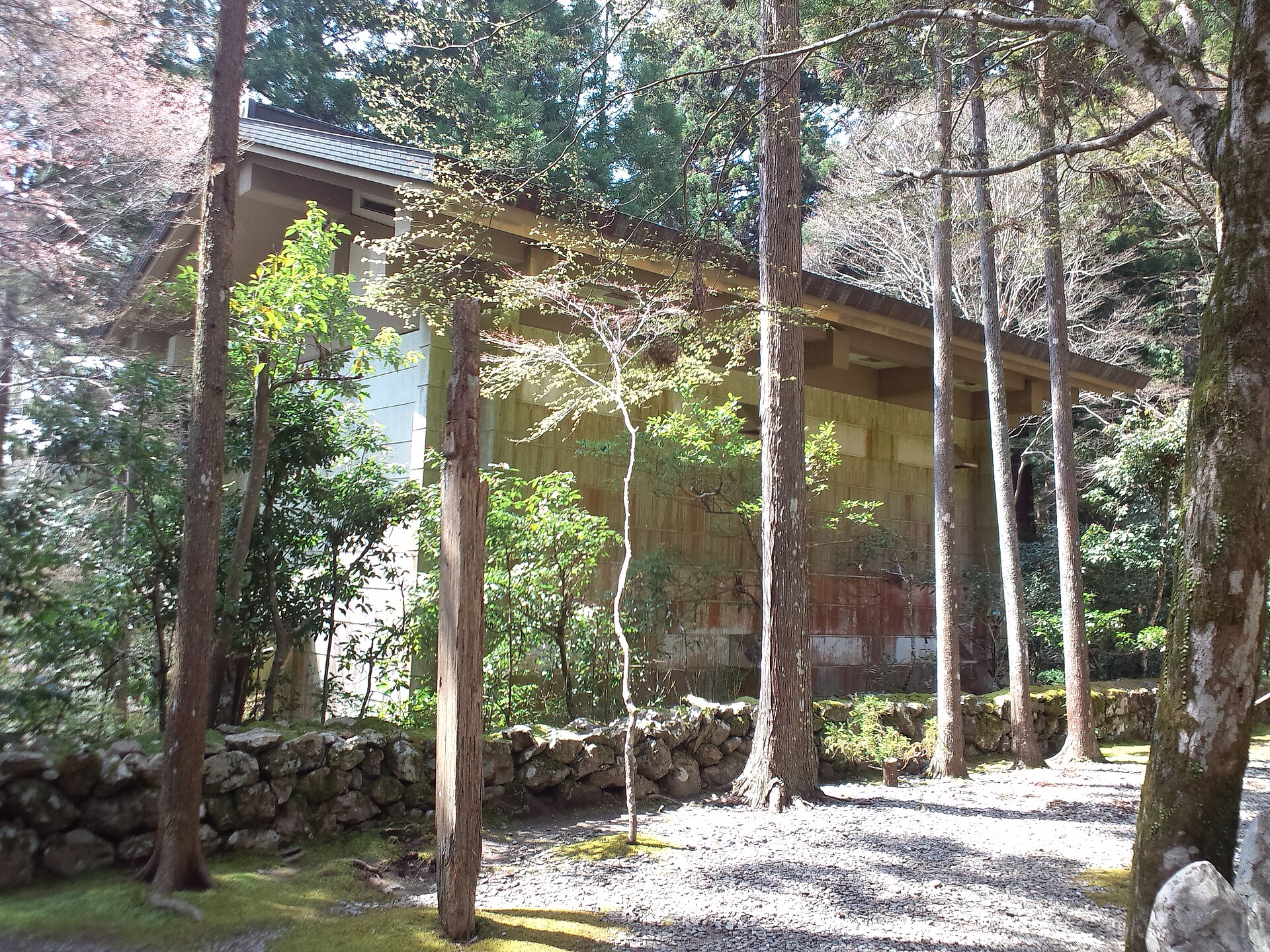高山寺の法鼓台文庫。杉木立と石垣の奥に建つ板壁の収蔵庫