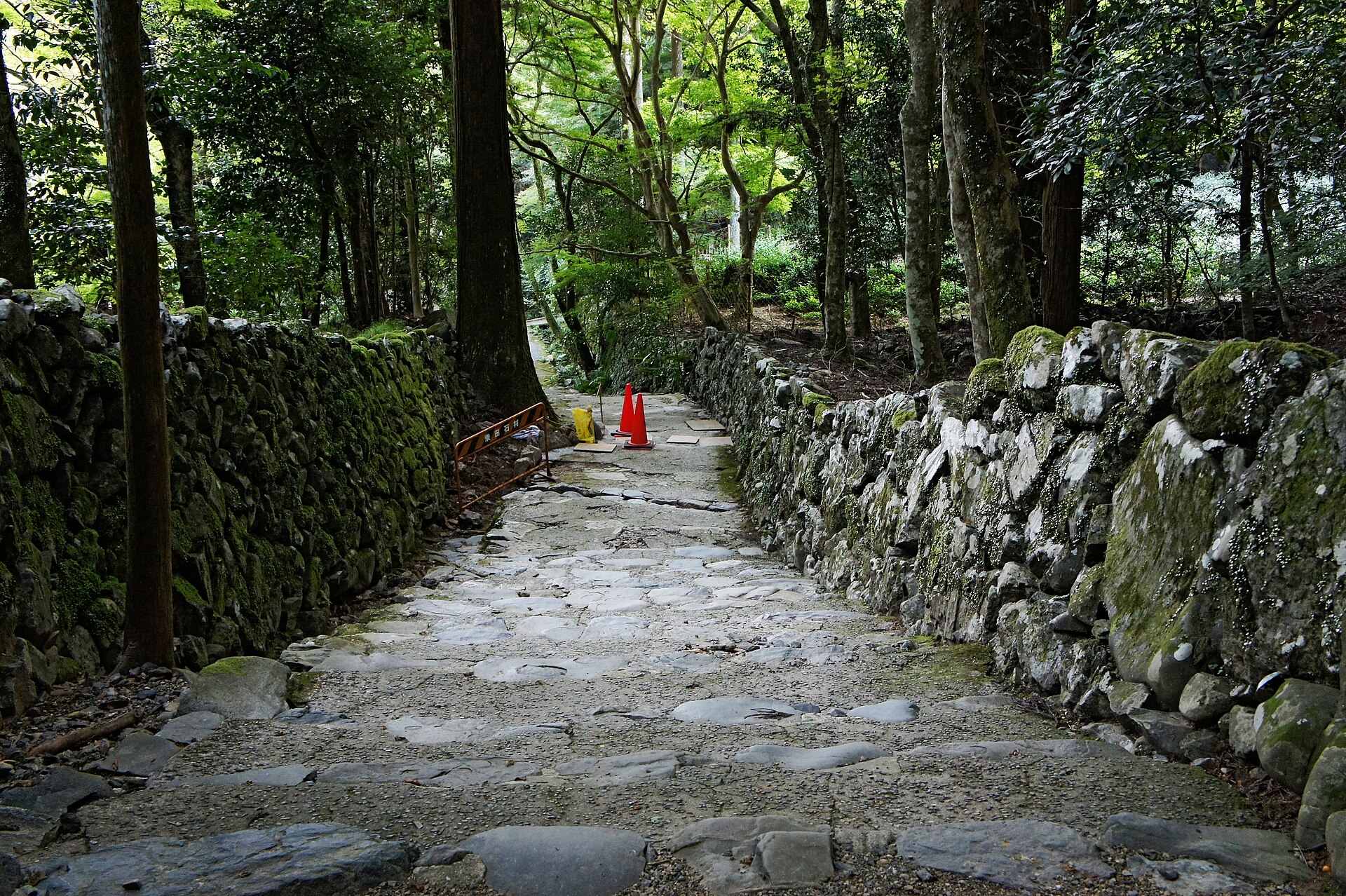 石垣にはさまれた高山寺の参道。敷石の道が奥の木立へ続く
