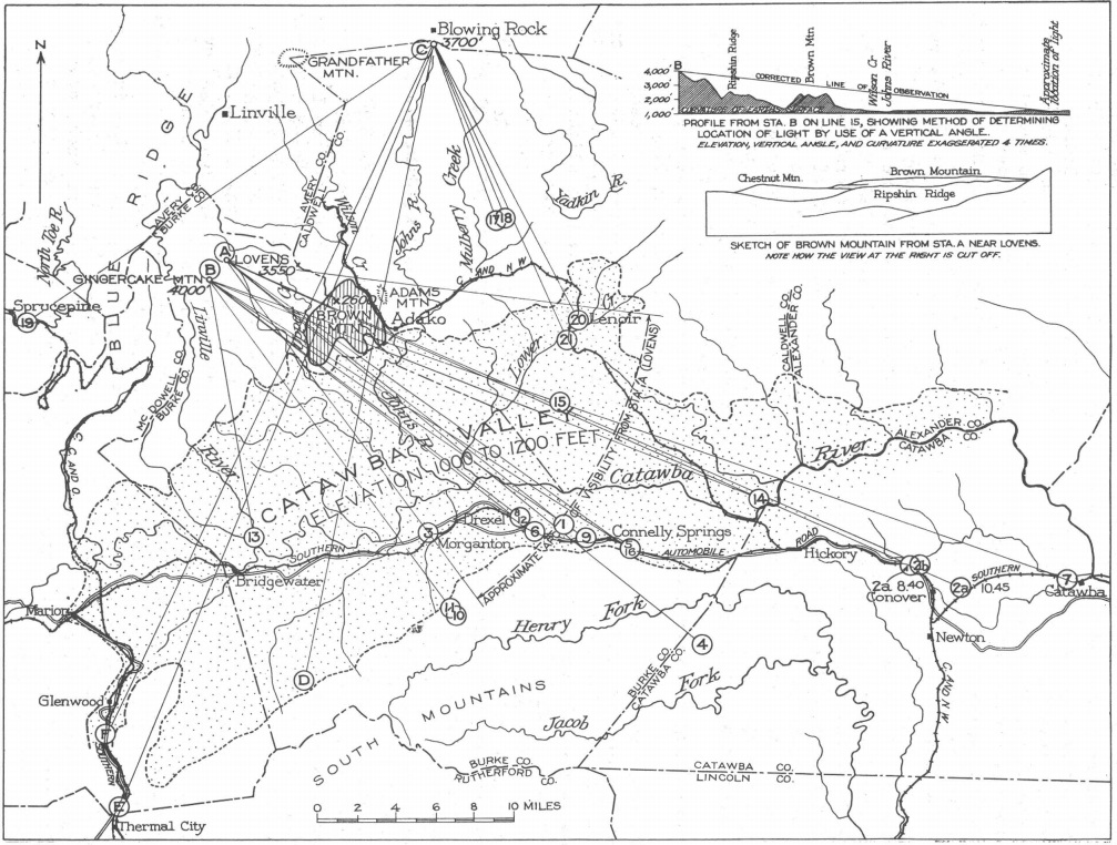 USGSのマンスフィールドによる調査図。観測場所、地形、光を見た方向が描かれている。1922年の報告を1971年に再刊した資料に収録。