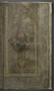 コデックス・ギガス第290葉表の悪魔像。スウェーデン国立図書館所蔵A148のデジタル画像。人物像が大きく描かれている。