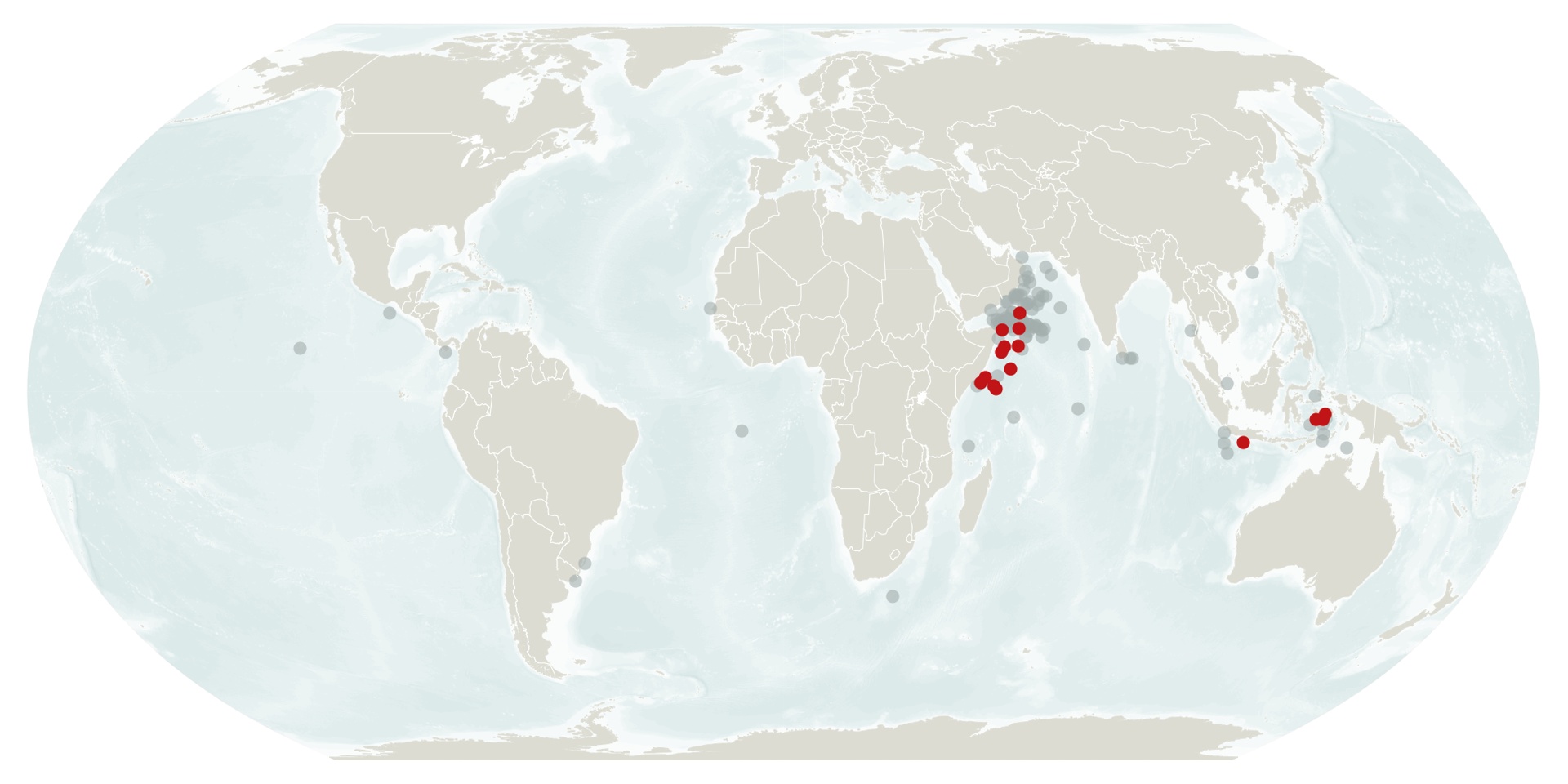 1796〜2021年の乳白の海の報告地点を示したNASA Earth Observatoryの図。発生が確認された全地点を網羅する地図ではない。