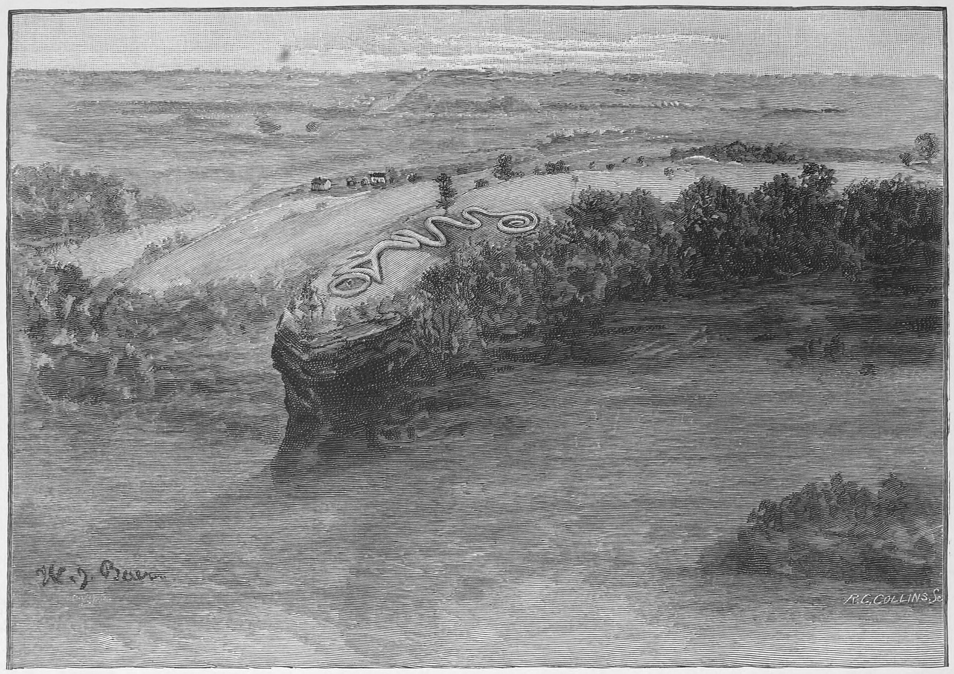 ウィリアム・ジェイコブ・ベアの原画に基づく歴史的な版画。現在の航空写真ではなく、蛇形の全体像を伝える図版である。